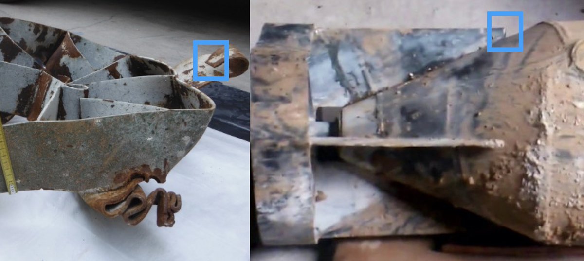 Other details of the bomb in the video were compared to images of debris from Khan Sheikhoun and Al-Lataminah, such as the unusual small notch on the tail fins. Every detail matched.