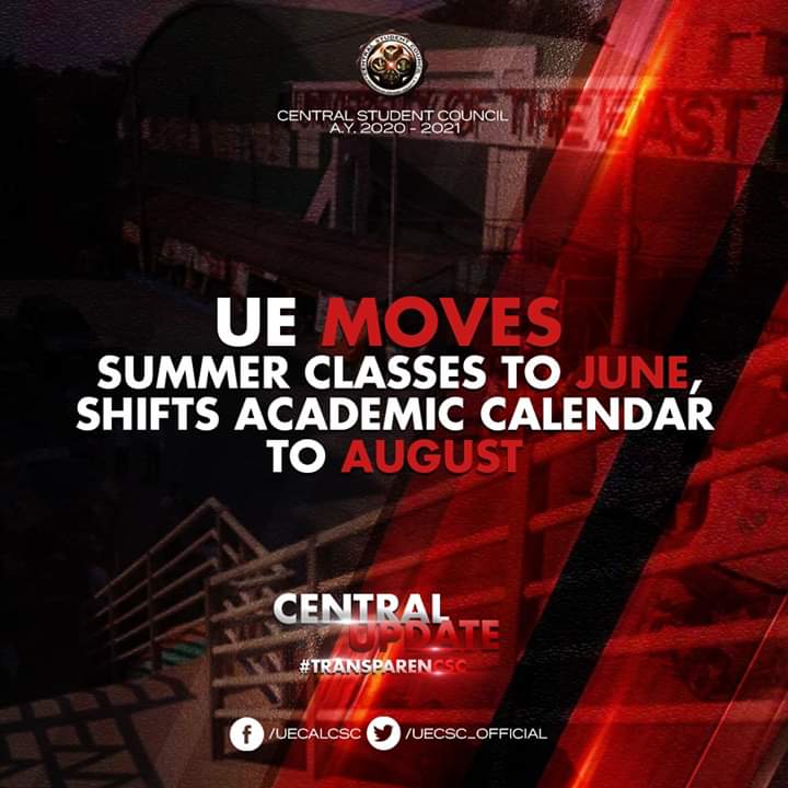 UECSC_Official's tweet photo. UPDATE: University of the East (UE) President and Chief Academic Officer Ester Garcia has announced that the Summer Classes moved in the month of June and the University will start its classes for the next academic year in August.

#CSC2021
#TransparenCSC https://t.co/HJWmdtYjuN