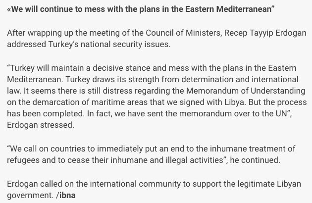 Erdogan: “The Memorandum with Libya has been completed; we have sent it over to the UN” | 20/04/2020  https://balkaneu.com/erdogan-the-memorandum-with-libya-has-been-completed-we-have-sent-it-over-to-the-un  #eastmed