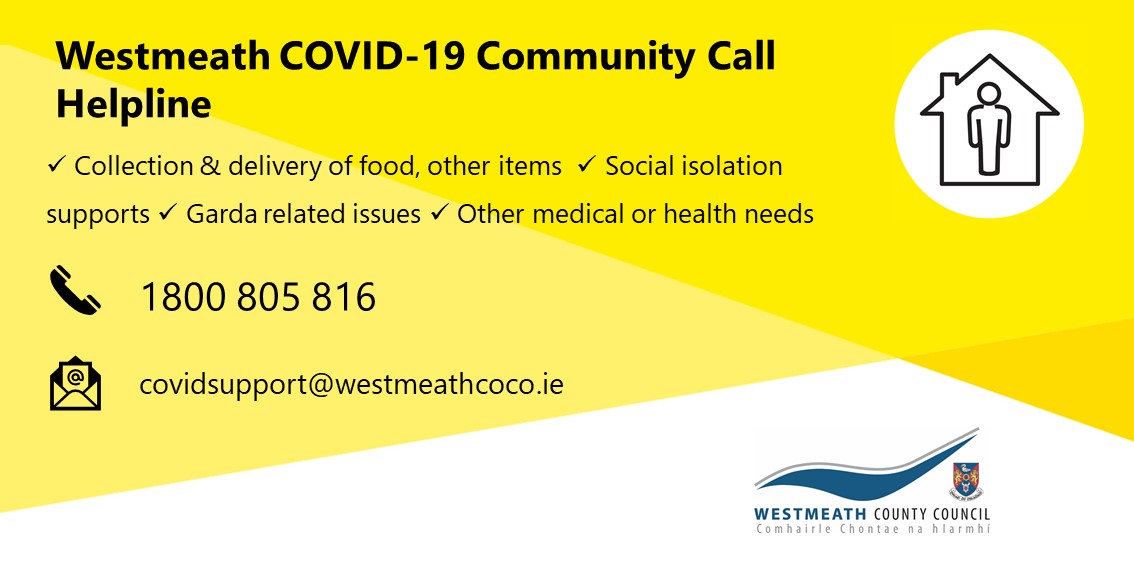 Westmeath County Council (@westmeathcoco) on Twitter photo Our #CommunityCall helpline is available 9am-5pm 7 days a week.
Please get in touch to access non-emergency community supports or to volunteer.
Call - 1800 805 816
Email - covidsupport@westmeathcoco.ie
Visit - wccapps.westmeathcoco.ie/Covid19/
#InThisTogether #Westmeath Our #CommunityCall helpline is available 9am-5pm 7 days a week.
Please get in touch to access non-emergency community supports or to volunteer.
Call - 1800 805 816
Email - covidsupport@westmeathcoco.ie
Visit - wccapps.westmeathcoco.ie/Covid19/
#InThisTogether #Westmeath
