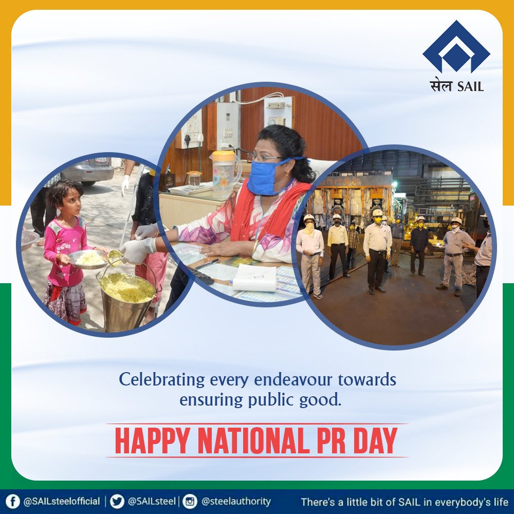Today, on National PR Day, SAIL applauds every word, thought & deed focusing on the betterment of humanity & doing good to the World. During this long battle against #COVID19, we pledge to serve the Nation with meaningful communication & do our best.  #NationalPRDay #PRDay