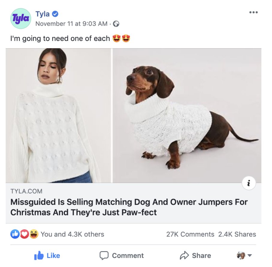 We went out with the story that "Missguided launch matching roll neck jumpers for you and your dog this winter". After launching this with  @Tyla and seeing we landing 30K engagements on social media in the space of an hour, we knew we were on to something