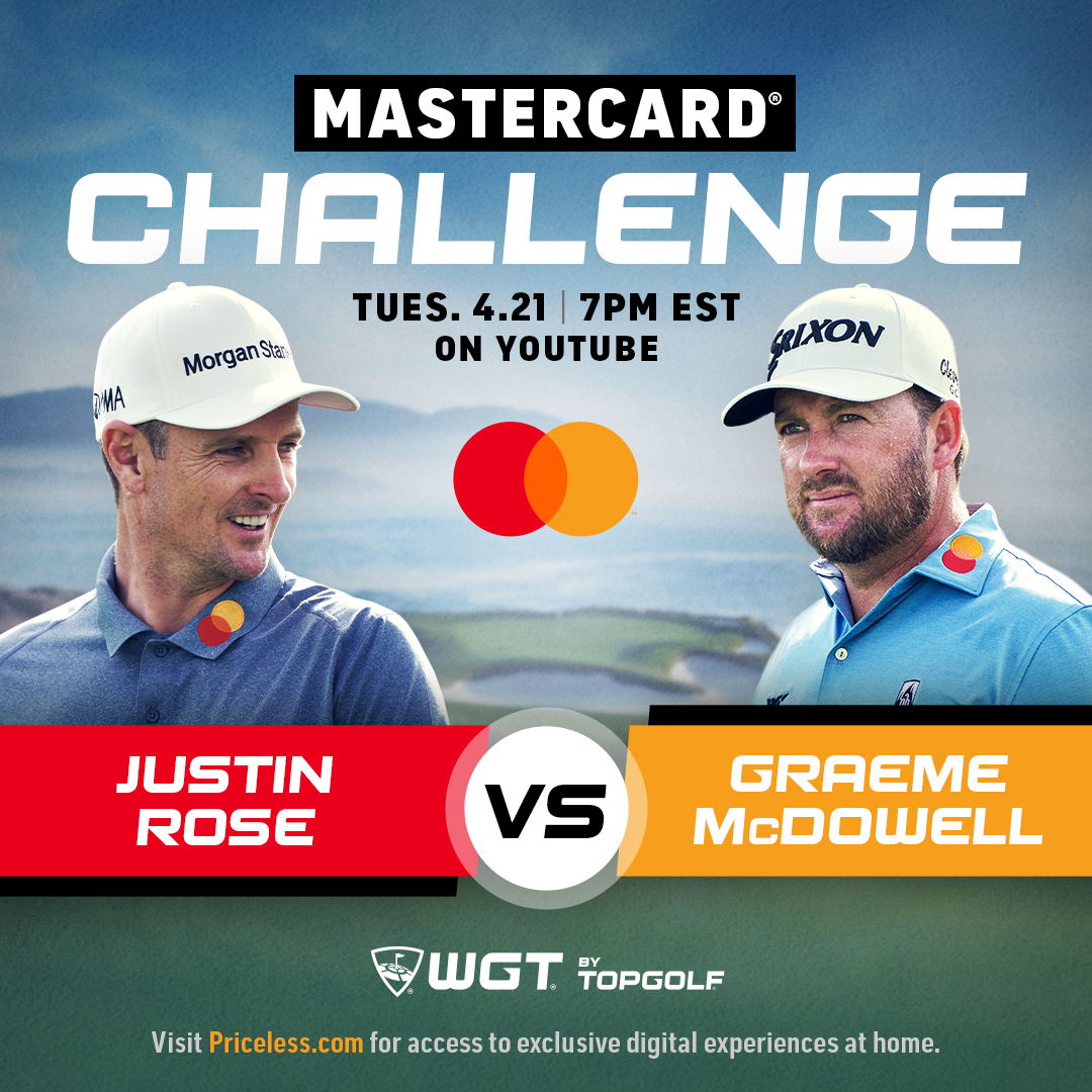 Mastercard's tweet photo. We’re bringing you a #Priceless golf experience you can enjoy from home. @JustinRose99 and @Graeme_McDowell will tee off on World Golf Tour’s YouTube channel for a virtual round at Pebble Beach Golf Links. Watch tonight 4/21 at 7pm ET! https://t.co/IU9pgQqjEw