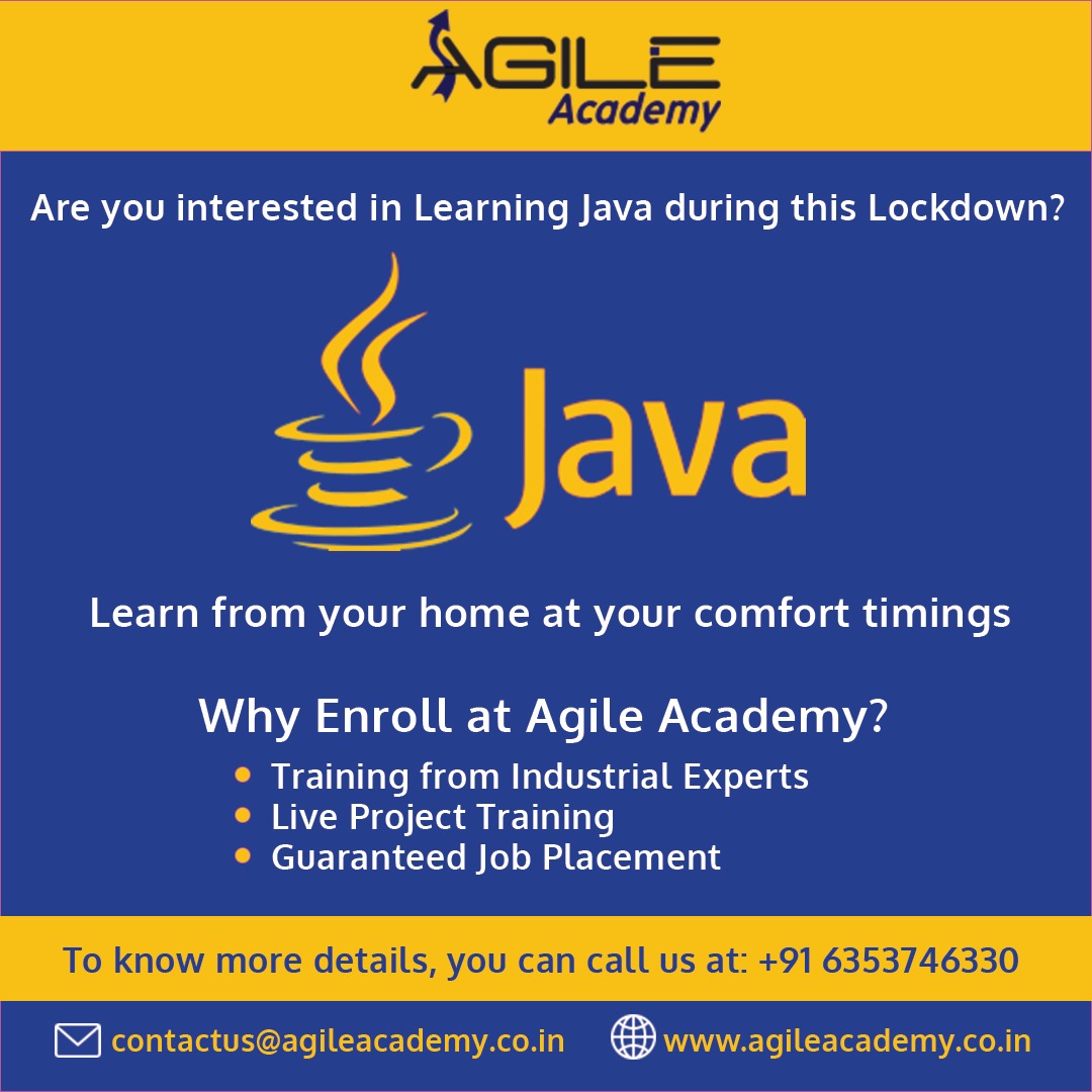 AgileAcademy_'s tweet image. Get #OnlineJavaTraining from Agile Academy and #LearnAtHome during this #lockdown. Here training will be provided by #ExperiencedTrainers with #LiveProjects. To know more details about #onlinetraining, you can call at 6353746330 or visit bit.ly/34ZMEef
#StayHomeStaySafe