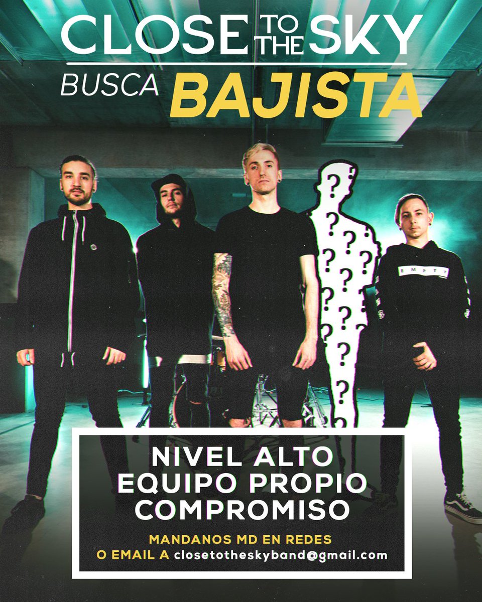 ➡️Close To The Sky busca BAJISTA⬅️ Si tienes interés en tocar con nosotros y quieres saber mas, mándanos un MD en redes o email a closetotheskyband@gmail.com 😉 
#closetothesky #closetotheskyband #ctts #Cttsband #bajista #bajo #bass #bassplayer #band #madrid