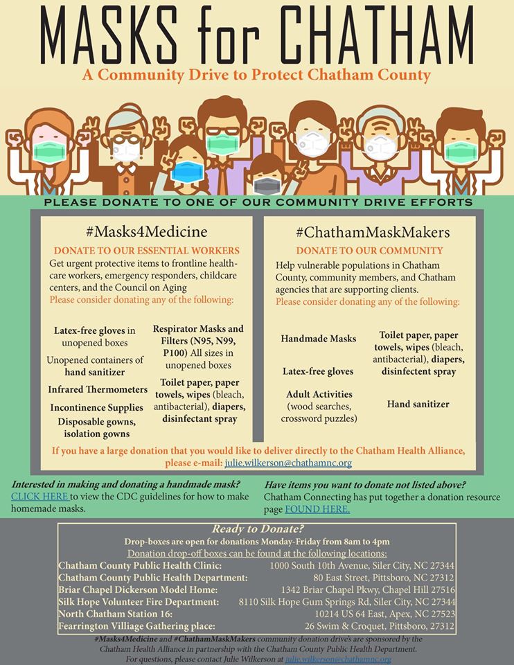 UWChathamCounty's tweet photo. Help the Chatham Health Alliance protect Chatham County. Consider donating masks to our friends and neighbors! https://t.co/8HYk2q0KCj
