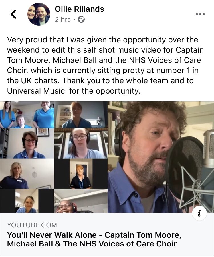 The main man <a href="/ollierillands/">Ollie Rillands</a> edited this self-shot music video for <a href="/captaintommoore/">Captain Sir Tom Moore</a> <a href="/mrmichaelball/">Michael Ball OBE💙</a> and the <a href="/NHSuk/">NHS</a> Voices of Care Choir, currently #1 in the UK charts. Thanks to the folks <a href="/universaluk/">Universal Pictures UK</a> ✨⁣
⁣
🎬 youtu.be/LcouA_oWsnU⁣
⁣
💯💕