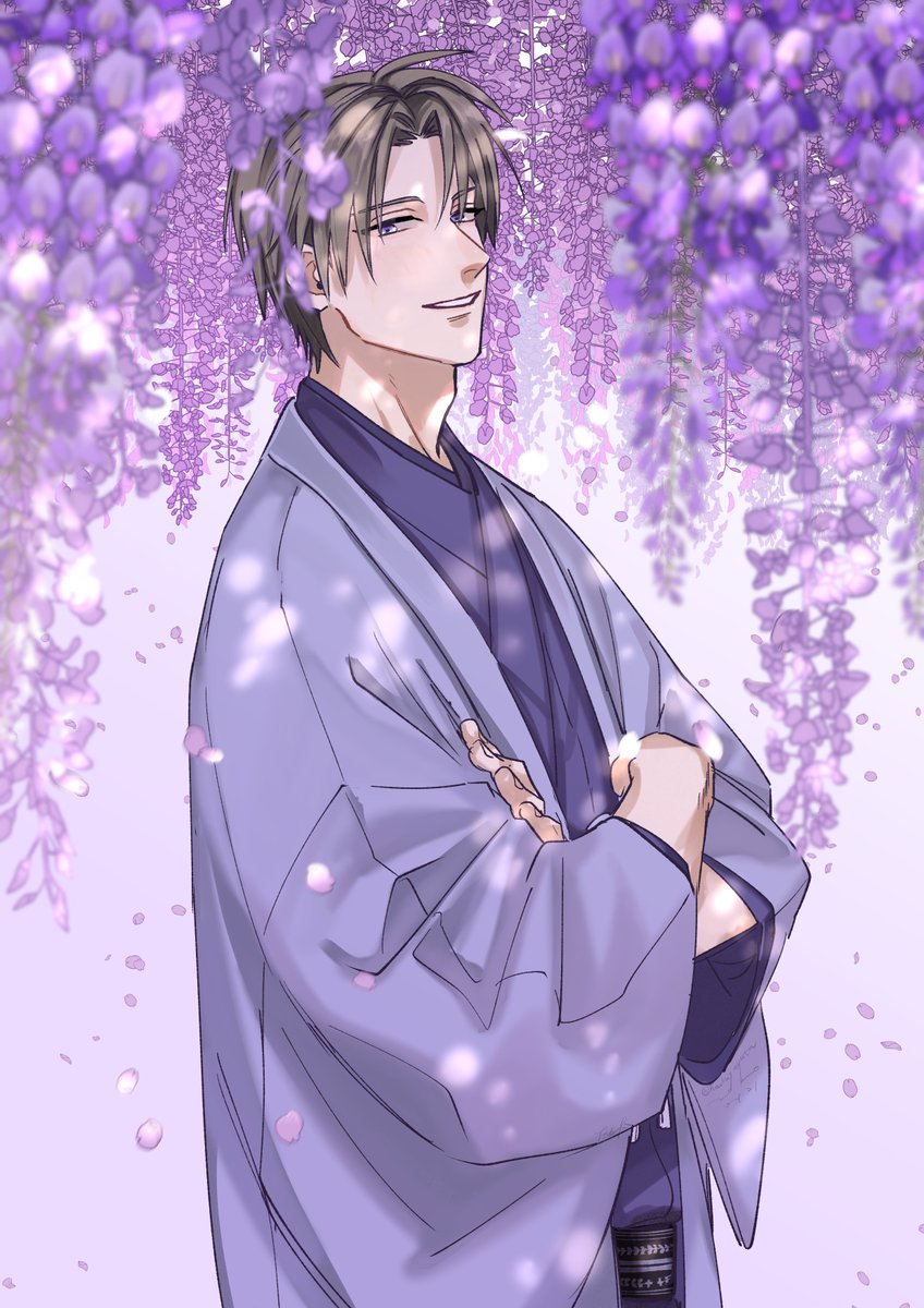 wisteria 1boy male focus japanese clothes solo flower crossed arms  illustration images
