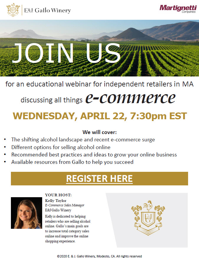 Retailers, join the Gallo team for an E-Commerce webinar on April 22 at 7:30 pm, to register visit bit.ly/2xBC5C1 #ecommerce #wineecommerce #wineretail #spiritsretail <a href="/EJGalloDigital/">E & J Gallo Digital</a> <a href="/ejgallo/">Adam Reiter</a>