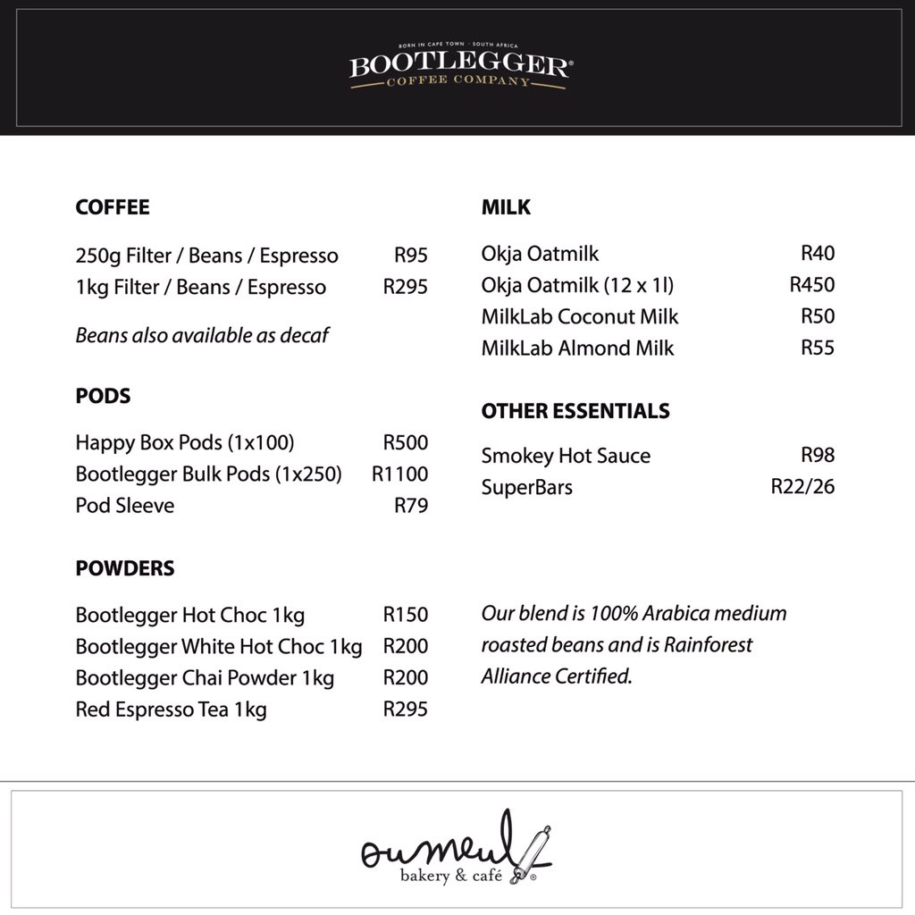 BootleggerCC's tweet photo. We’ve added Bellville, Durbanville, Brackenfell, Blouberg, Milnerton and Century City. We deliver @oumeulbakkery goods along with our Rainforest Alliance Coffee beans.
Whatsapp +27781031781 to place your order.
#bootleggerathome #oumeulbakery https://t.co/HAdJ41pf5b