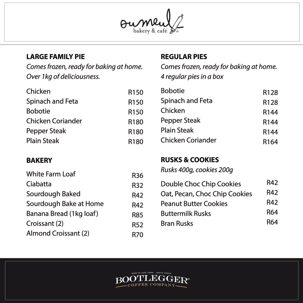 BootleggerCC's tweet photo. We’ve added Bellville, Durbanville, Brackenfell, Blouberg, Milnerton and Century City. We deliver @oumeulbakkery goods along with our Rainforest Alliance Coffee beans.
Whatsapp +27781031781 to place your order.
#bootleggerathome #oumeulbakery https://t.co/HAdJ41pf5b