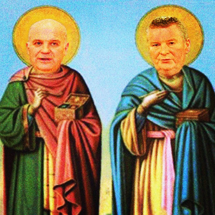 NewIrishIcons's tweet photo. Save us from the plague! St Dr Tony and St Dr Mike, patron saints of covid containment and straight talking. And yes, I realise they are not 2m apart. #newirishicons #coronaireland https://t.co/eBOrgs3JNf https://t.co/YyH0N0PNL1