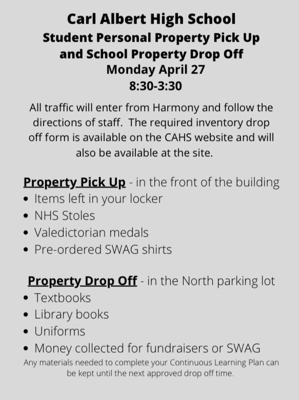 CAHSTitans's tweet photo. It is time to come get your personal items from the school. Please see attached flyers. If you need your books to complete your CLP please keep them until the next scheduled collection. Please make every effort to pick up your belongings Monday. https://t.co/flXE2fDmPN