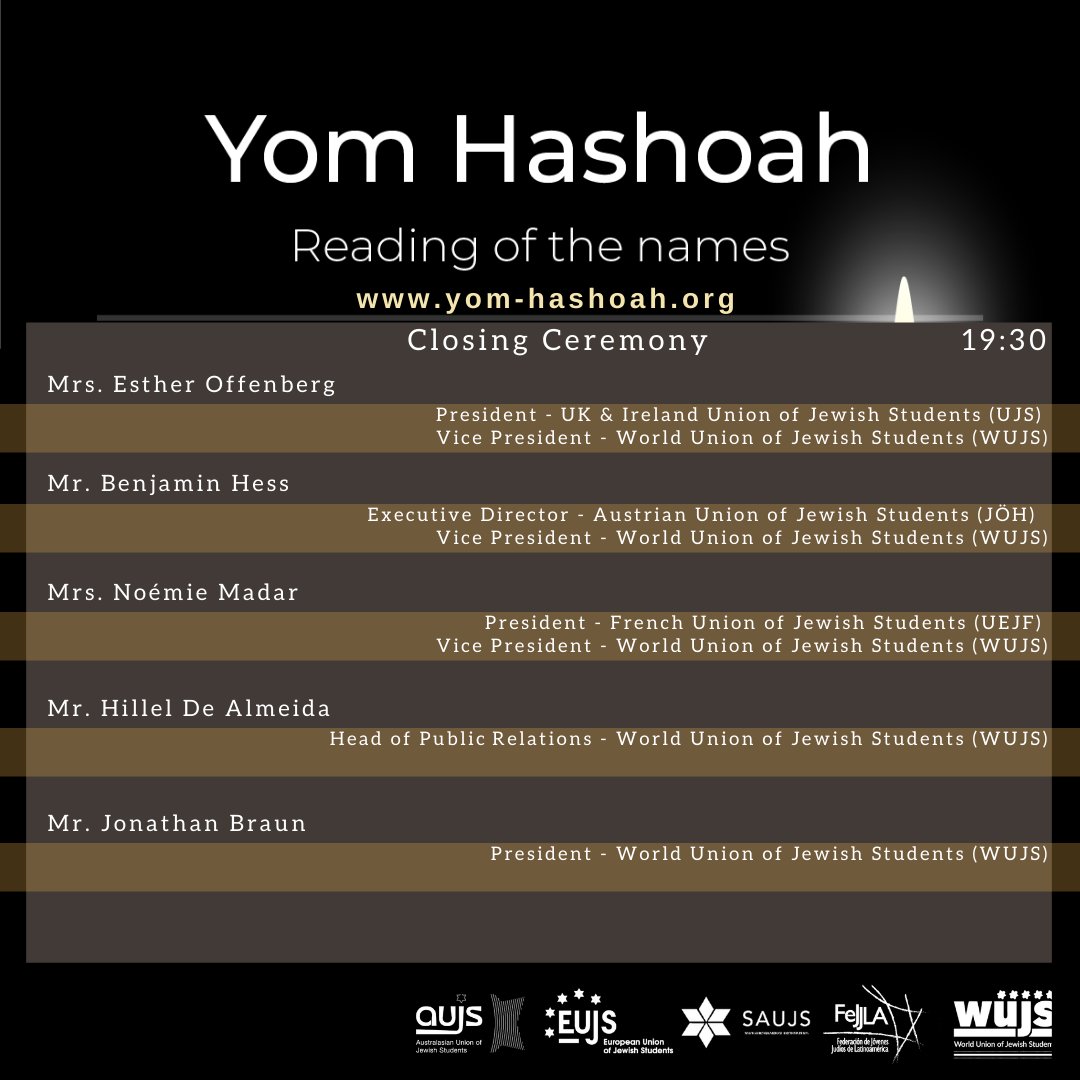 WUJS_official's tweet photo. In 2 hours, our last ceremony of #YomHaShoah with the participation of @UJS_PRES @BeniHess @Noemiemad @hilleldealmeida & @Braun4Jonathan for the closing of this day. #NeverAgain #NeverForget #TogetherRemember #TogetherAtHome https://t.co/kWc9zMVtEE