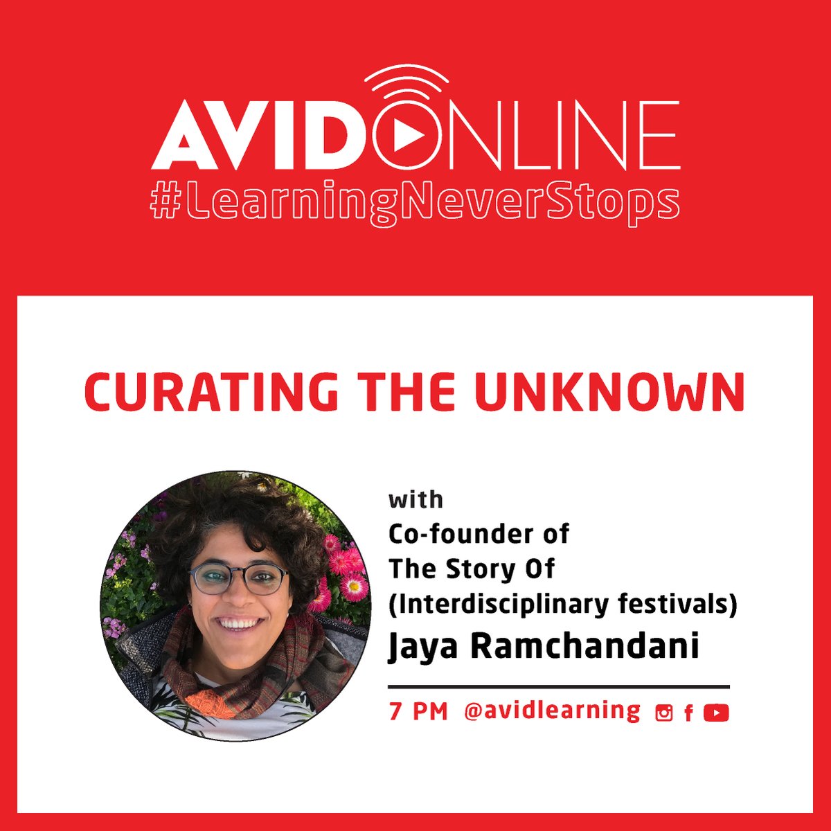 AvidLearning's tweet photo. #AvidSpotlight 

Introducing our speaker for tomorrow - Co-founders of Story off oundation, Interdisciplinary festivals, Jaya Ramchandani. (@welearnwegrow )
.
Tune in at 7 PM tomorrow evening on our Instagram, Facebook or YouTube channel.
.
#AVIDOnline #LearningNeverStops https://t.co/ibsexarkgw