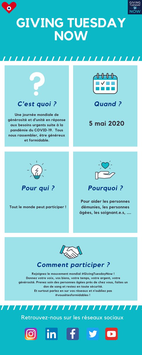 Qu'est-ce que #GivingTuesdayNow ? La réponse dans notre infographie 👇

✊ Le 5 mai, remercions celles et ceux qui agissent au quotidien malgré la pandémie et soutenons des initiatives généreuses ! 

🦸‍♀️🦸 Impliquez-vous en utilisant #VousEtesFormidables et #GivingTuesdayNowFR 💪