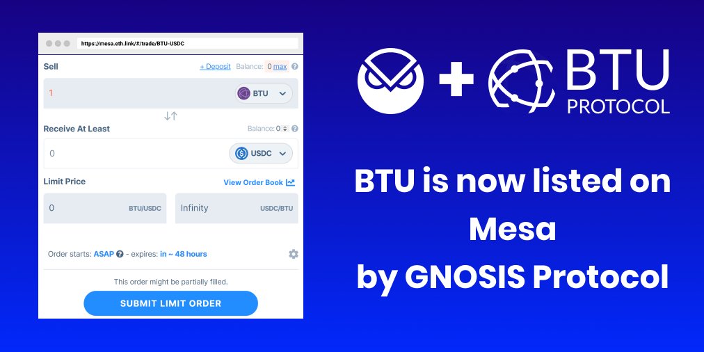 BtuProtocol's tweet photo. The BTU token is now listed on MESA by @gnosisPM.
During #ethcc3 talk by @c3rnst & @fleupold_, we discovered and loved this fully #permissionless #DEX.
CC @econoar https://t.co/DLgdYeaFiW