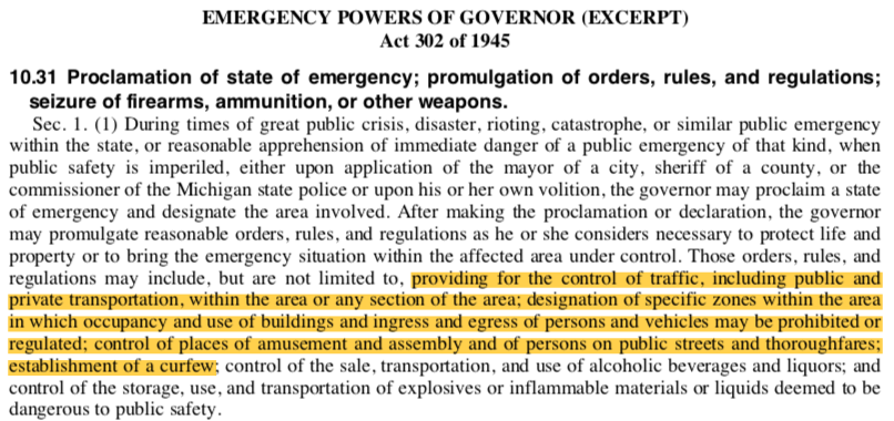 Among nearly three score EOs  @GovWhitmer has issued in response to  #COVID19, it's SHSS (EO 2020-42) that falls most squarely within the authority delegated to her by the Emergency Powers of Governor Act, 1945 PA 302. It's not time limited or subject to extension by  #mileg. 3/4