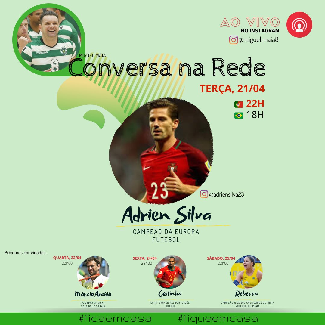 miguelmaia8's tweet photo. Foi capitão do Sporting e fez parte da gloriosa seleção que se sagrou Campeã da Europa em 2016. O tema da 'Conversa na Rede' de hoje continuará a ser o futebol, pois terei a honra de ter o craque Adrien Silva ao vivo, comigo. Não percam! É HOJE, às 22H00.
#ConversaNaRede #Volley https://t.co/3CTyyPsgWh