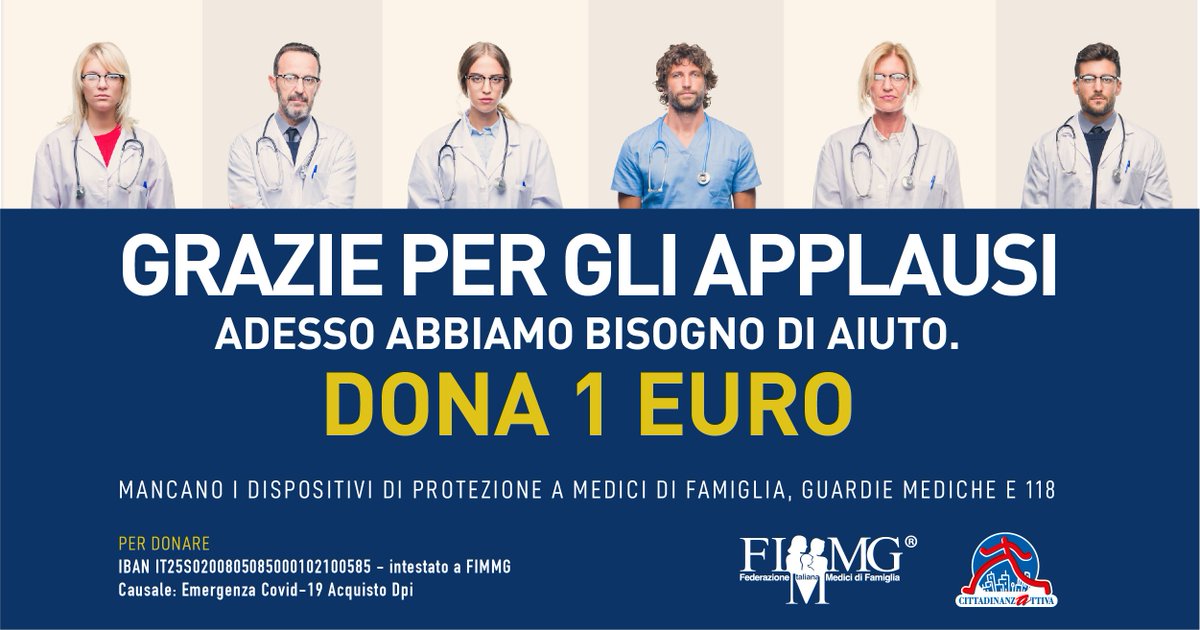 Cittadinanzatti's tweet photo. Grazie a @massimoscaccab1 e la @JCBANDfanclub che hanno realizzato un video per sostenere la nostra campagna con la @FimmgNazionale per l’acquisto di dispositivi di protezione per i medici di famiglia.
PER DONARE 👉https://t.co/0ScfTp6LFe
Video👉 https://t.co/ZbWLFaJhKj https://t.co/3M0u2JbciH