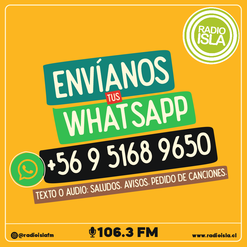 RadioIslacl's tweet image. 💥 Te invitamos a que nos agregues al #Whatsapp de Radio Isla: +56 9 5168 9650 y envíes tus saludos, avisos, pedidos musicales o llámanos al 22 819 45 16

🎙 106.3 fm / radioisla.cl

#RadioIsla #RadioIsla2020 #IsladeMaipo