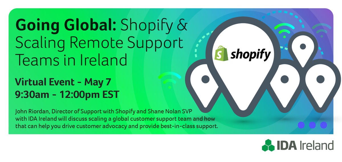 IDAIRELAND's tweet photo. Register for this virtual event to join @nolansha and @Shopify Director of Support, John Riordan, for a Fireside Chat as they discuss how scaling a global customer support team can help drive customer advocacy and provide best-in-class support https://t.co/onMqC4R5Nn https://t.co/MG91Ptjv0T