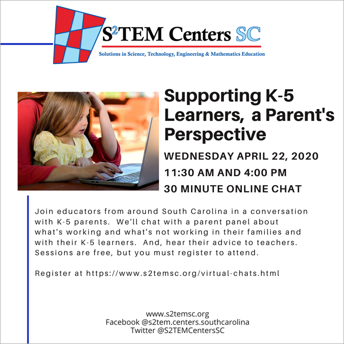 stem_sc's tweet photo. Join @S2TEMCentersSC tomorrow for another Virtual Teacher Chat, this time with a panel of K-5 parents who will discuss how their kids have been adjusting to remote learning.

Register at this link: https://t.co/vHb1oiLm7c https://t.co/JyAxmrWDLR