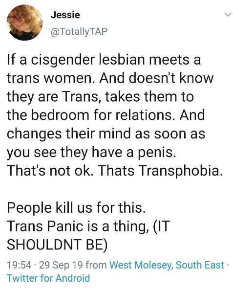This tweet details the homophobia from Trans Activist who insist that Lesbian's like penis, and gay men vagina.After the initial post that will be done over a few days, I will update with new examples weekly. Feel free to link to it as needed.  #cottonceiling  #boxerceiling