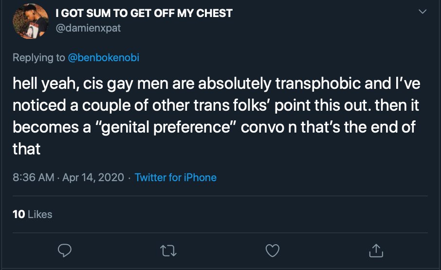 This tweet details the homophobia from Trans Activist who insist that Lesbian's like penis, and gay men vagina.After the initial post that will be done over a few days, I will update with new examples weekly. Feel free to link to it as needed.  #cottonceiling  #boxerceiling