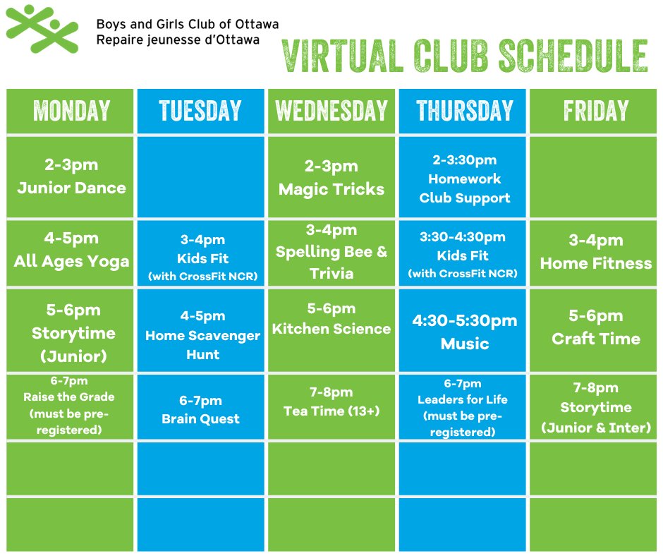bgcottawa's tweet photo. Check out our NEW Virtual Programs schedule!

That's right, there are even more ways to connect now!

New programs include Magic Tricks, Spelling Bee &amp; Trivia, and more!

Email virtualBGCO@bgcottawa.org for the links to participate! https://t.co/9AhZ4Ga5ed