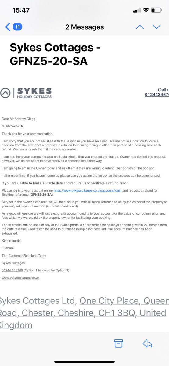 . @sykescottages sent me this, last Wednesday. When I asked about the outcome today, they want me to now deal with  @bookingcom, even though it appears all correspondence goes straight back to Sykes anyway. I can’t begin to imagine how few customers will ever use this company again