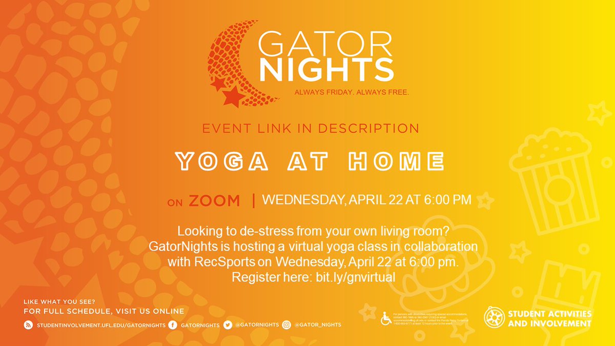 Hey Gators, we know that right now is a stressful time. Take a deep breath, stay positive and focus on one task at a time. We are partnering with RecSports to host a live virtual yoga class this Wednesday at 6:00 PM! Register here: bit.ly/gnvirtual
