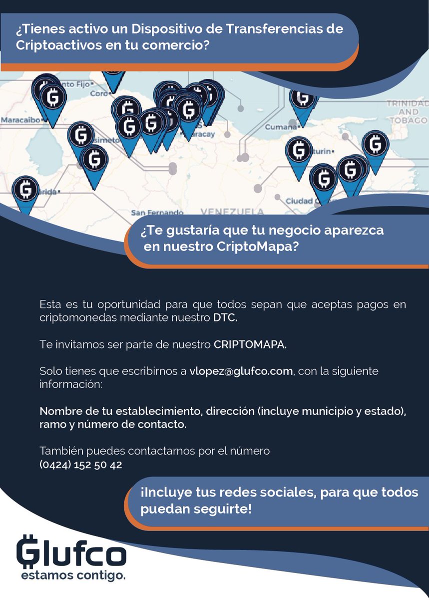 Glufco's tweet photo. Si ya tienes activo tu #DTC para pagos en #criptomonedas, envíanos la información de tu #comercio o #negocio para incluirlo en nuestro #CriptoMapa https://t.co/RGiwK935tN