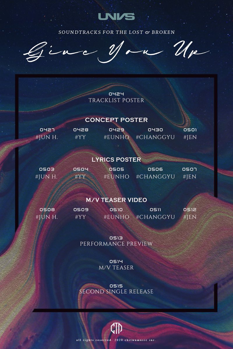 UNVS_Official's tweet photo. UNVS
[𝙎𝙊𝙐𝙉𝘿𝙏𝙍𝘼𝘾𝙆𝙎 𝙁𝙊𝙍 𝙏𝙃𝙀 𝙇𝙊𝙎𝙏 &amp; 𝘽𝙍𝙊𝙆𝙀𝙉 : 𝙂𝙞𝙫𝙚 𝙔𝙤𝙪 𝙐𝙥]
PROMOTION SCHEDULE

2020.05.15 12PM(KST) Release

#UNVS #유엔브이에스 
#GiveYouUp https://t.co/TMuLvV4qZX