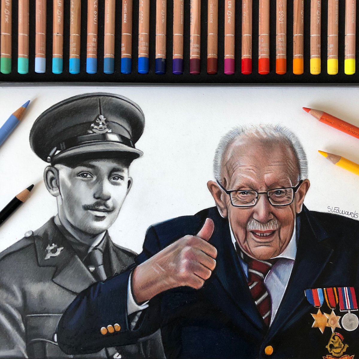 creative_a_r_t's tweet image. My drawing of Captain Tom Moore. Would appreciate if everyone can share this, I am hoping to somehow get my drawing to him 😊 @captaintommoore @piersmorgan