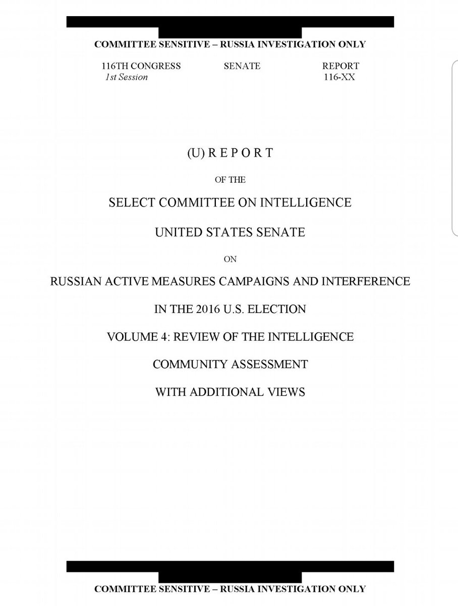 NEW: the Senate Intelligence Committee has released the 4th volume in its Russia investigation. This one is an examination of the Jan. 2017 intelligence community assessment that determined that Russia had interfered in the 2016 presidential election.  https://www.intelligence.senate.gov/sites/default/files/documents/Report_Volume4.pdf