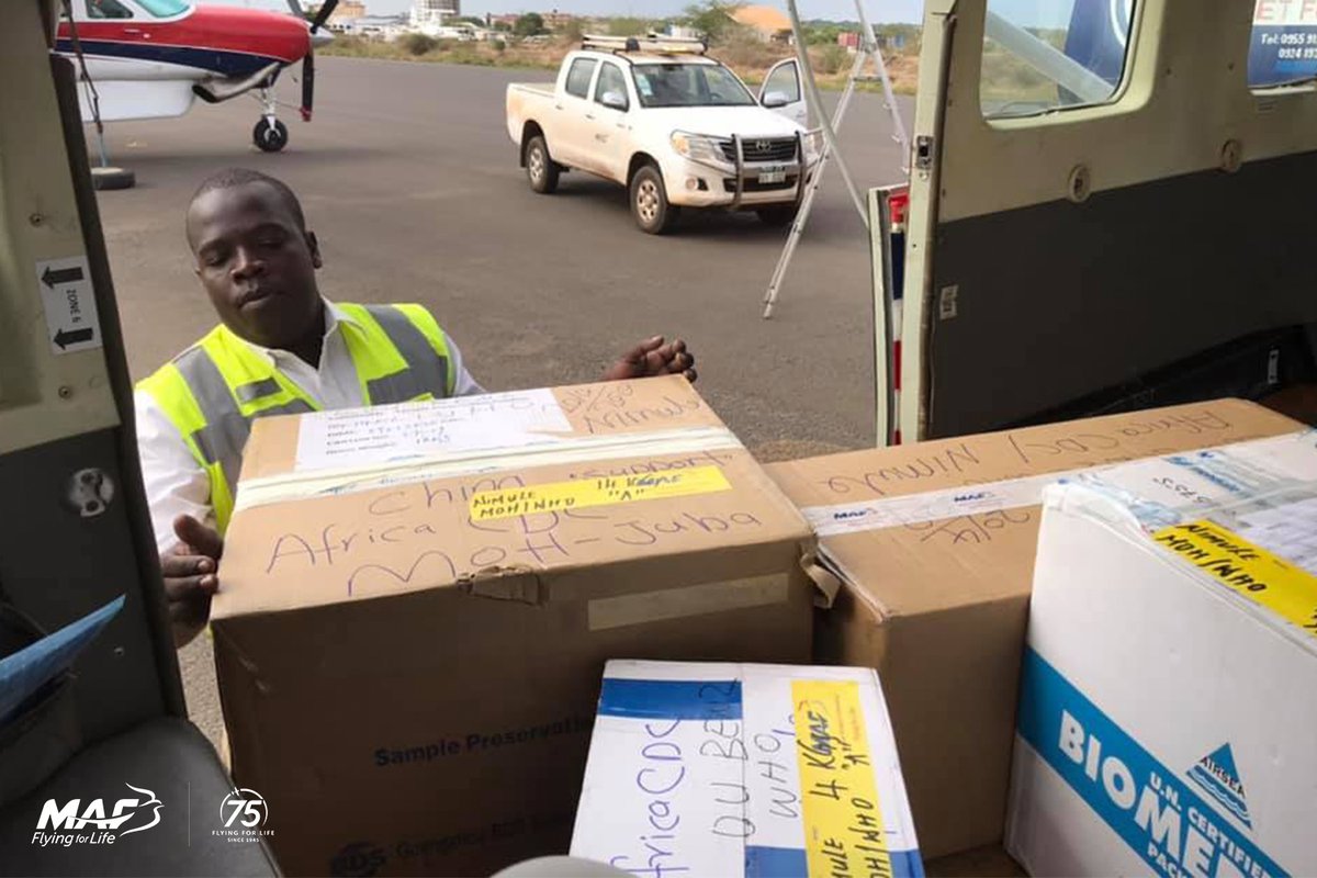 flying4life's tweet photo. Today, MAF South Sudan pilot Wim Hobo flew coronavirus test kits for Dept of Health & @WHO to Nimule, bordering Uganda. โTrucks can cross the border to bring food, but drivers are tested for coronavirus first. These kits will mainly be used for those truck drivers.โ #MAF75 https://t.co/PQKijqnOTR