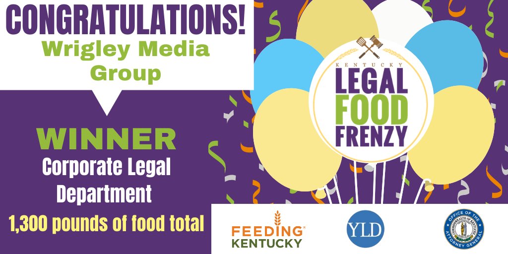 KyFoodFrenzy's tweet photo. CONGRATULATIONS to @WrigleyMedia winner of the Corporate Legal Department category for the Kentucky Legal Food Frenzy! 1,300 pounds of food total. Well done!
And, thanks again to everyone who participated. #Kylff #FeedtheFrenzy #EndHunger @KBAYLD @kyoag https://t.co/LIX7DjJ3G1