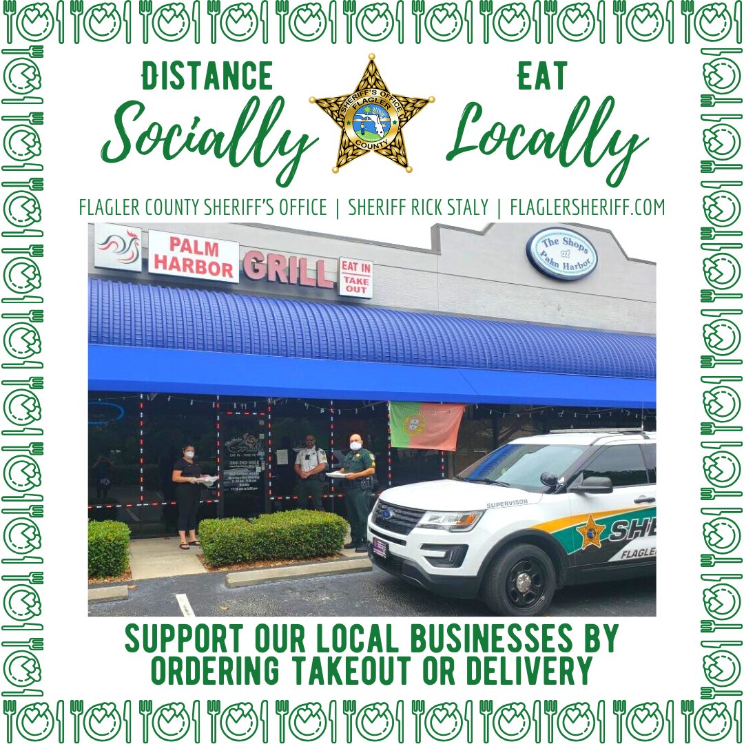 FlaglerSheriff's tweet photo. FCSO deputies got takeout from Palm Harbor Grill to help support our local businesses. Palm Harbor Grill offers takeout and delivery. Also, April 27-30 all first responders, doctors and nurses receive 50% off their bill (must show ID). #DistanceSocially #EatLocally #FCSO https://t.co/iYnCJAF1mw