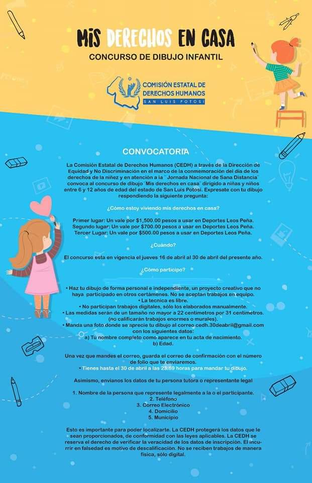 CEDHSLP's tweet photo. La #CEDHSLP te invita a participar en el Concurso Infantil "Mis Derechos en Casa", consulta las bases aquí: https://t.co/Bx6G00owDs