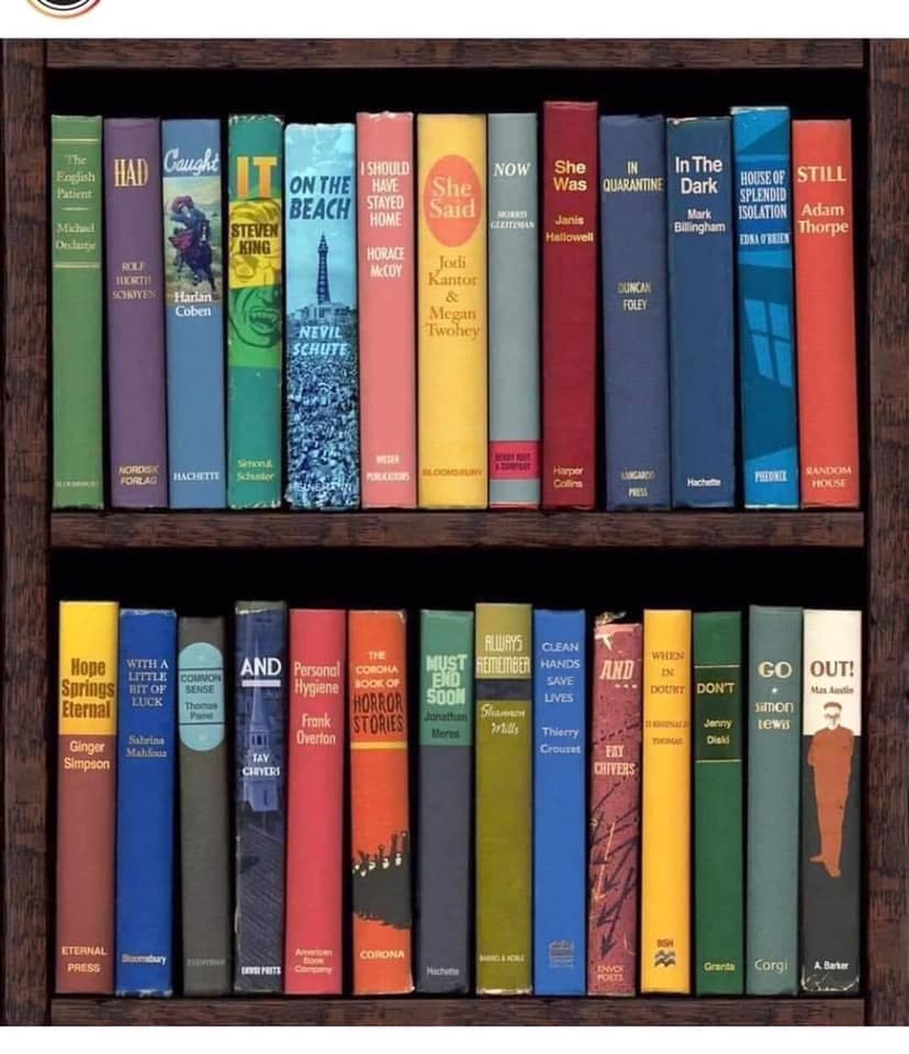 _DavidMorrell's tweet photo. A quarantine bookshelf, assembled by two clever librarians: https://t.co/29bN8tsWOZ