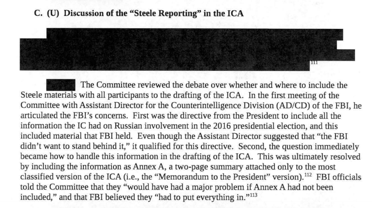 Here's what Senate Intel was told about the FBI's decision to include Steele's reporting in Annex A of the highly classified version of the intel community assessment: