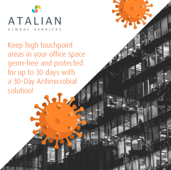 Our 30-Day residual antimicrobial treatment will protect your facilities for up to 30 days! The innovative technology kills bacteria that comes in contact with the antimicrobial solution. For more information, please contact info.us@atalianworld.com. #stopthespread #covid19
