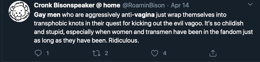This tweet details the homophobia from Trans Activist who insist that Lesbian's like penis, and gay men vagina.After the initial post that will be done over a few days, I will update with new examples weekly. Feel free to link to it as needed.  #cottonceiling  #boxerceiling