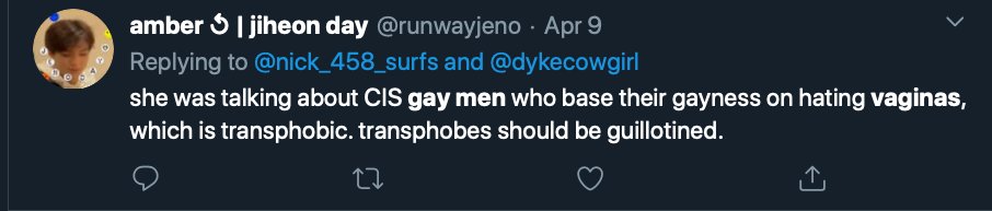 This tweet details the homophobia from Trans Activist who insist that Lesbian's like penis, and gay men vagina.After the initial post that will be done over a few days, I will update with new examples weekly. Feel free to link to it as needed.  #cottonceiling  #boxerceiling