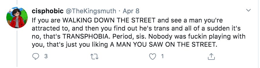 This tweet details the homophobia from Trans Activist who insist that Lesbian's like penis, and gay men vagina.After the initial post that will be done over a few days, I will update with new examples weekly. Feel free to link to it as needed.  #cottonceiling  #boxerceiling