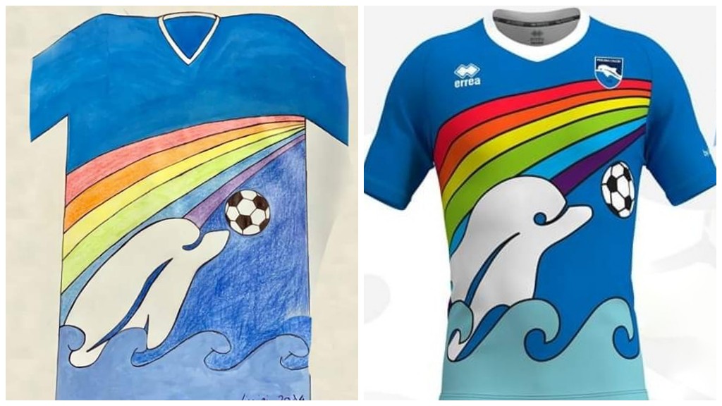 Goodable's tweet photo. An Italian football club wanted to help kids get through the lockdown.

So they held a logo contest.

A 6-year old boy named Luigi drew a dolphin kicking a ball.

The team has now put it on their official jersey. https://t.co/DL0Zu5H88r