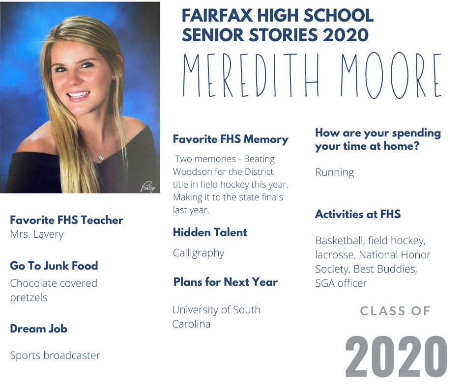 Today's #fhsseniorstories is Meredith Moore! Meredith has also worked at <a href="/CameronsChoc/">Cameron's Chocolates</a> for three years - she is an athlete, SGA officer and is spending her time running. Good luck at the <a href="/UofSC/">University of South Carolina</a> next year <a href="/mrdthmoore/">Meredith Moore</a>! Find all of our seniors on our website cityoffairfaxschools.org/apps/pages/sen…