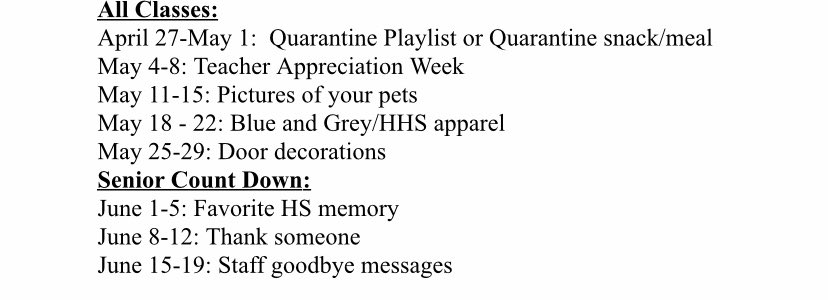 BravermanHHS's tweet image. Get ready to show your spirit with our Virtual Theme Weeks! Check your class GCR pages for info and follow our NEW IG account - the handle is wearehowell  
Click on pic below to see the themes. #weMissYou! 💙