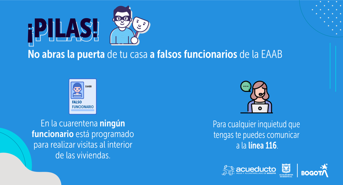 #Atención nuestros funcionarios se encuentran atendiendo solicitudes de instalación de medidores por hurto, lectura de medidores y reparto de las facturas, en ninguno de estos casos ingresan a las viviendas. Más información: bit.ly/2KdZzjd #EntreTodosNosCuidamos